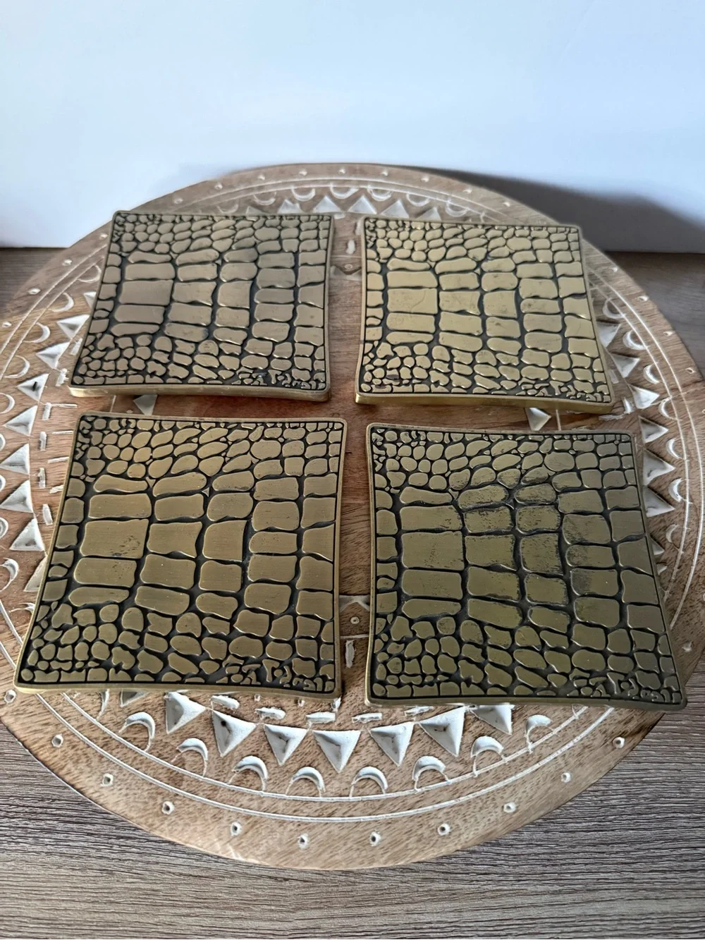 L’Objet Crocodile Gold Coasters Set of 4 Antiqued Brass 24K Accents
